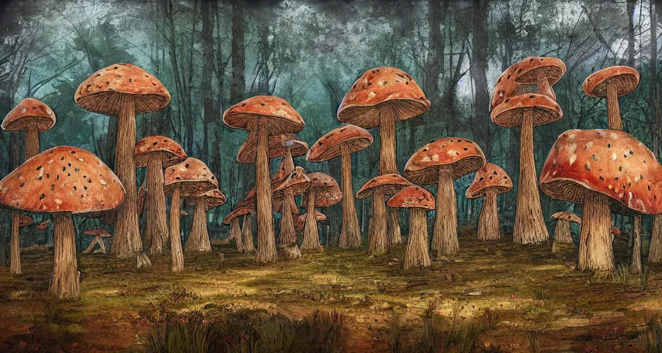 Image similar to A tribal village in a forest of giant mushrooms, by Esao Andrew