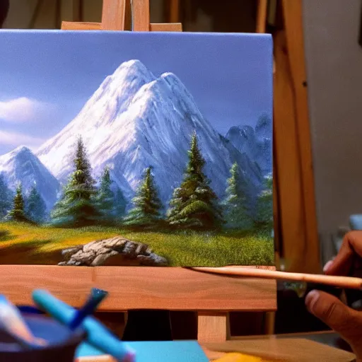 Image similar to a closeup photorealistic photograph of bob ross working on a canvas painting of cookie monster. film still. brightly lit scene. mountains and trees. this 4 k hd image is trending on artstation, featured on behance, well - rendered, extra crisp, features intricate detail, epic composition and the style of unreal engine.