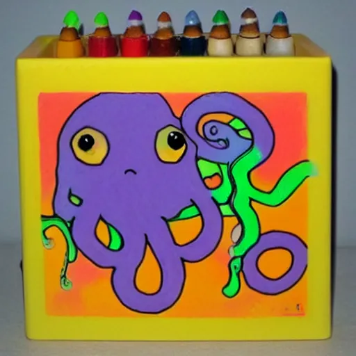Image similar to crayon box with octopus tentacles creeping out of it