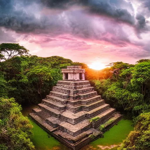 Prompt: vintage photo of an aztec temple over the canopy of a vast jungle at sunset with dramatic clouds, photo journalism, photography, cinematic, national geographic photoshoot