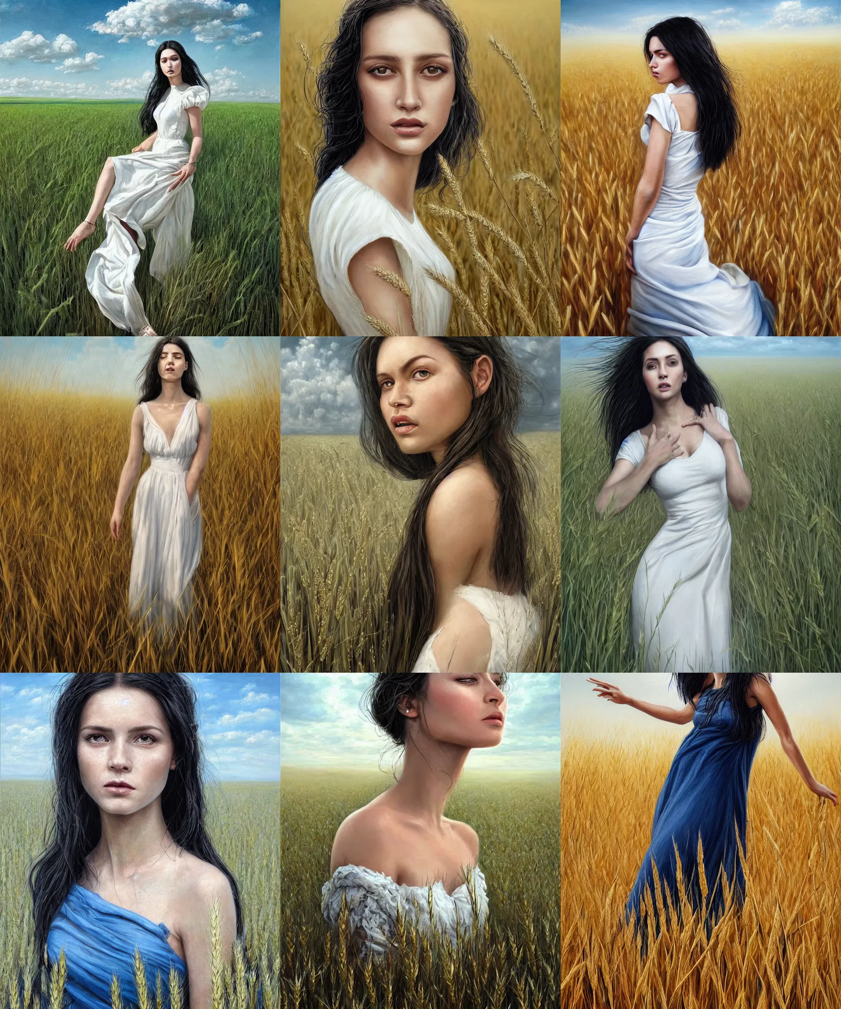 Prompt: Hyper realistic detailed painting of a Paludnitsa! (in a lush wheat crop). Perfect face, beautiful!, white dress, menacing!, melancholic!!, long black hair, blue sky, highly detailed, sharp focus, digital painting, art by Eddie Mendoza, detailed and intricate environment, highly detailed, award winning.