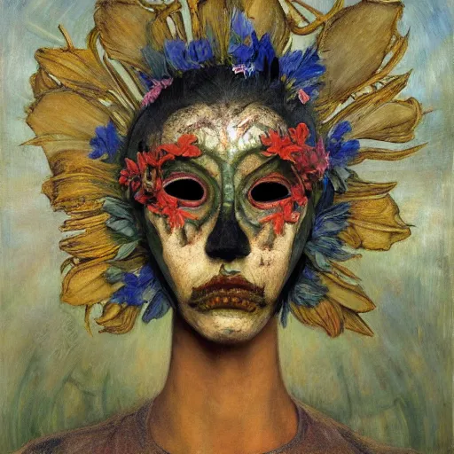 Prompt: masterpiece painting of a facemask made of flowers, by annie swynnerton and jean delville and tino rodriguez and diego rivera and adolf wolfli, flower mask, flower shaman, spooky dark psychedelic, art brut, symbolist, dramatic lighting, god rays, elaborate geometric ornament, clean crisp graphics, soft cool colors, smooth sharp focus, extremely detailed