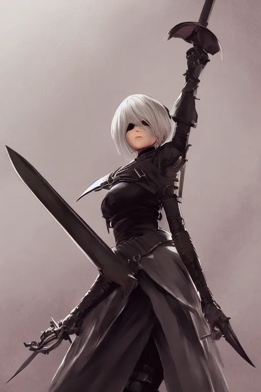 Prompt: 2 b nier automata holding a sword, d & d, fantasy, portrait, highly detailed, headshot, digital painting, trending on artstation, concept art, sharp focus, illustration, art by artgerm and greg rutkowski and magali villeneuve