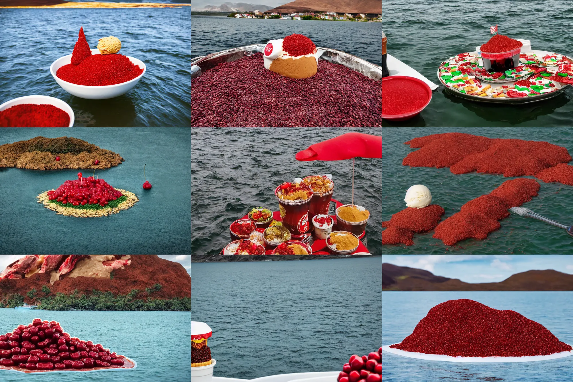 Image similar to an island made of food, around the island instead of water coca - cola ( dark brown ), instead of sand red caviar, instead of mountains ice cream with cherries, photo taken from a boat, 3 5 mm, cinematic