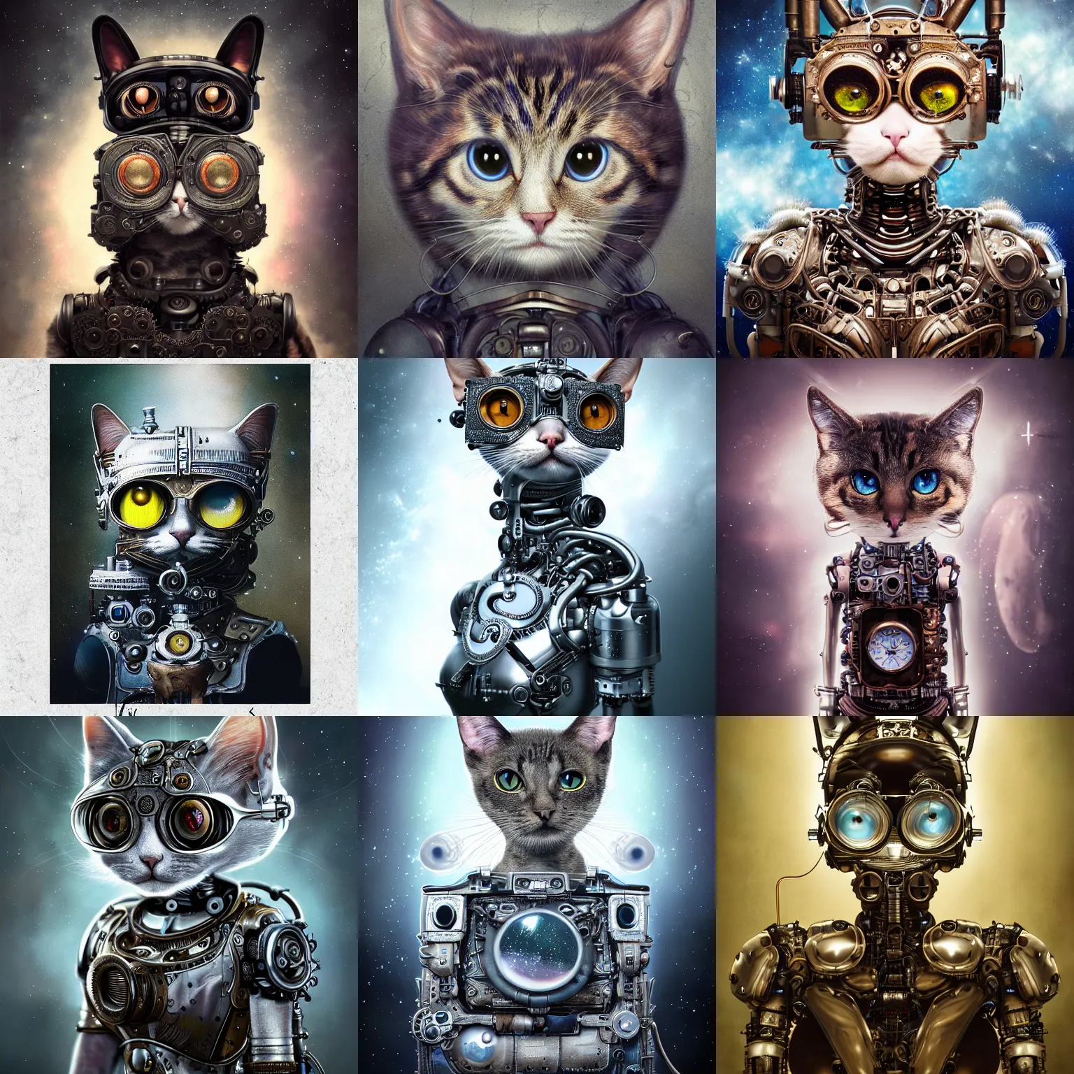 Prompt: a beautiful intricate fine art portrait photo of a a mechanical industrial steampunk cybernetic cute cat with large eyes against galactic space, soft backlight, by tom bagshaw and zach sutton, perfection!, milk bath photography, studio lighting, 3 5 mm lens, very detailed, bionic, cybernetic scifi, deep depth of field, artstation, 8 k, highly coherent