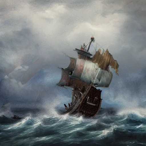 Prompt: A pirate ship sinking in a storm, photorealistic