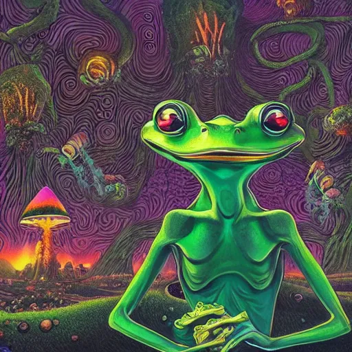 Image similar to A centered chest up portrait of a psychedelic godlike anthropomorphic frog smoking a hand-rolled cigarette , magic mushroom village in background . award winning. superb resolution. in the art style of junji Ito and greg rutkowski . Detailed Mushroom city in background. Hyper realistic anime. Perfect art. Dalle2