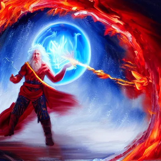 Image similar to Highly detailed oil painting, concept art, of a wizard casting a fireball spell, fighting against a huge ice giant, red and blue color scheme, concept art, highly detailed.