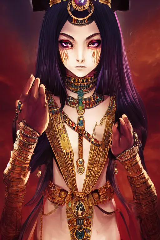 Prompt: a portrait of a smirking necromancer queen cleopatra, beautiful and detailed eyes, with pyramids and a giant crimson moon with the eye of ra in the background, by tite kubo and guweiz, dramatic lighting, manga cover, highly detailed, incredible quality, trending on artstation