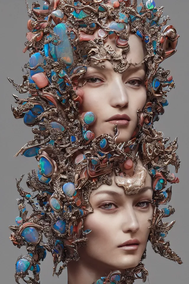 Prompt: a sculpture made of opal and coral, portrait, queen, future, harper's bazaar, vogue, magazine, insanely detailed and intricate, concept art, ornate, luxury, elite, elegant, trending on artstation, by Ruan Jia, Kenneth Willardt, Ross Tran, WLOP, Andrei Riabovitchev.