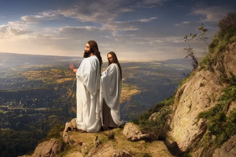 Image similar to a unique digital photo of jesus and mary magdalene standing on a cliff looking over a beautiful landscape in france, rennes - le - chateau, award winning photo, very detailed, very realistic cinematic