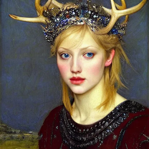 Prompt: a detailed portrait of a blonde haired blue eyed queen of glitter with an antler crown by edgar maxence and caravaggio and michael whelan and delacroix