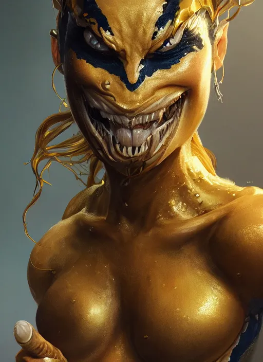 Image similar to gold and white female venom, naturel, hyper detailed, digital art, trending in artstation, cinematic lighting, studio quality, smooth render, unreal engine 5 rendered, octane rendered, art style by klimt and nixeu and ian sprigger and wlop and krenz cushart