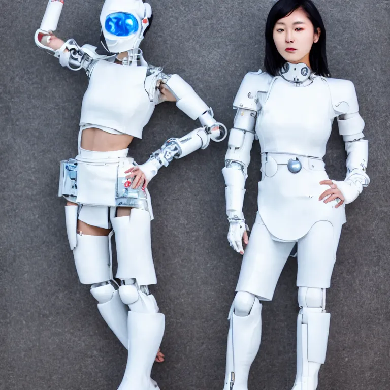 Image similar to high quality photograph of a futuristic asian cyborg girl, fashionable white outfit, blue skin, neotenous, kpop idol apperance, 4 k, portra 4 0 0, 3 5 mm, award winning photography