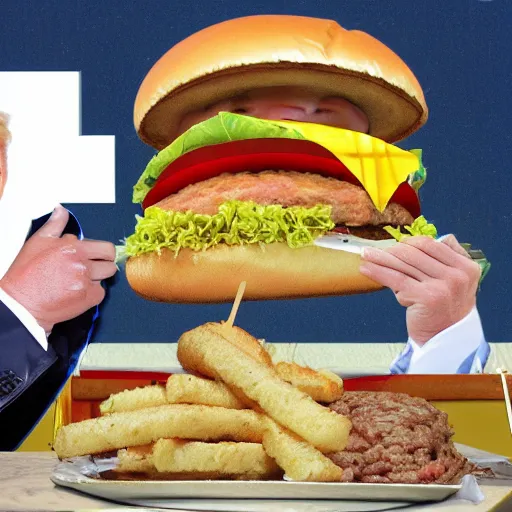 Prompt: a photo of donald trump eating the biggest hamburger in the world