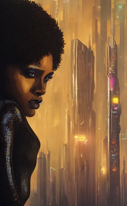 Prompt: a beautiful young Black woman, cyberpunk, Blade Runner city background, highly detailed, artstation, illustration, art by Gustav Klimt, 8K