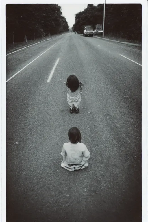 Image similar to photo polaroid of a sad and lonely child in the middle of a road with field hospitals , field hospitals, pandemic, loneliness, black and white ,photorealistic, 35mm film,
