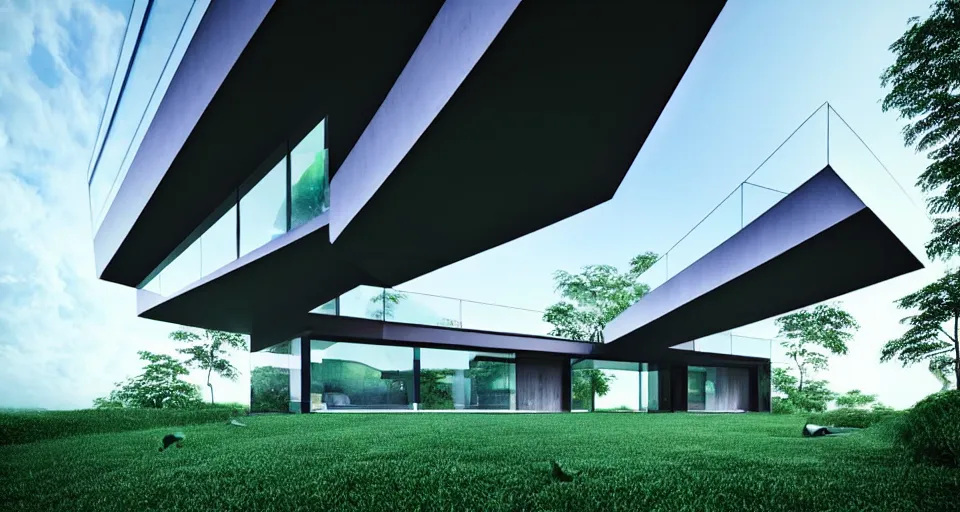 Prompt: a beautiful architecture concept art of modern home connected with nature, digital art by ando tadao, angular, architecture, elegant, ultrafine hyperdetailed, bright colors, detailed and intricate environment