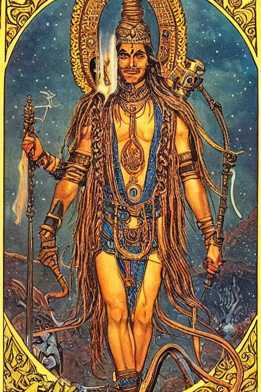 Prompt: Portrait of an shiva with long hair wearing armor with ornate bronze and gold, Art Noveau retro science fiction cover by William Morris and Kelly Freas (1965), vintage 1960 print, tarot card, vivid, highly detailed, cgsociety, artgerm