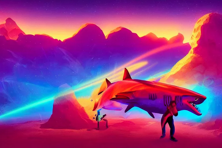 Image similar to a holographic projection of a huge colorful lucid shark made of light beams appears in the desert at night, a man is stunned, by anton fadeev, highly - detailed, fantasy, sci - fi