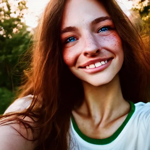 Image similar to beautiful hyperrealism selfie of a cute young woman smiling softly, long light bronze brown hair, cute freckles, flushed face, red blush, small heart - shaped face, soft features, emerald green eyes, golden hour, 8 k, sharp focus, instagram