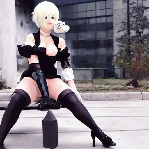 Prompt: 2B from nier automata eating a chessburger, cosplayer.