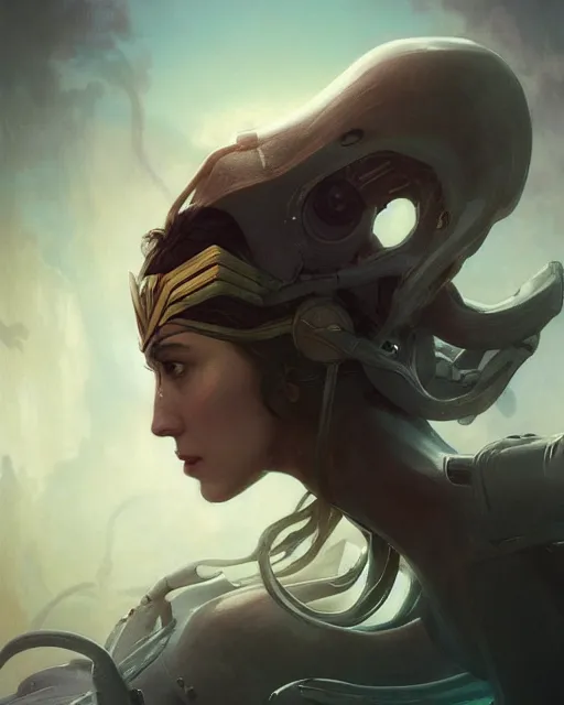 Image similar to Full shot of a wonder woman squid monster astronaut defined facial features, intricate abstract. cyberpunk, symmetrical facial features. By Ruan Jia and Artgerm and Range Murata and WLOP and Ross Tran and William-Adolphe Bouguereau and Beeple. Key Art. Fantasy Illustration. award winning, Artstation, intricate details, realistic, Hyperdetailed, 8k resolution.