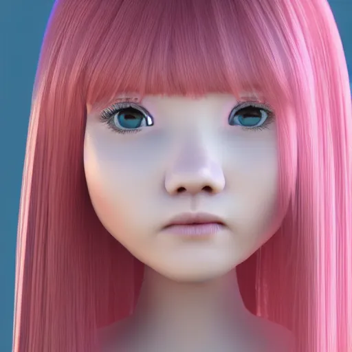 Image similar to A 3d cgi toon young woman with long pink hair, full bangs, amber eyes, pale skin, Chinese, medium shot, mid-shot, soft focus, 4k, trending on artbreeder