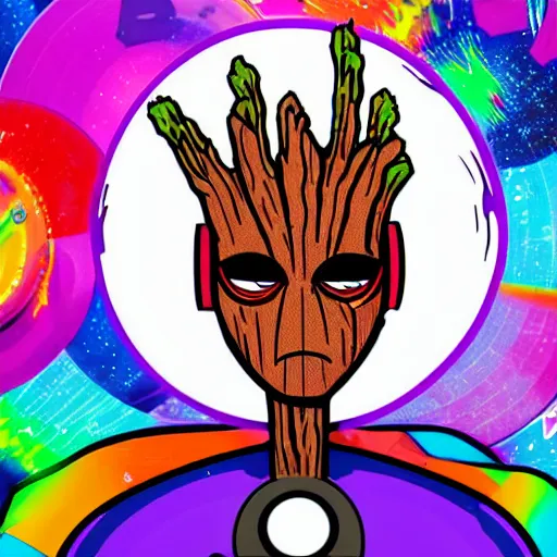 Image similar to svg sticker of a Pop-Wonder Groot-Marvel-Avenger at a rave, spinning records, giant headphones rocking out, wearing headphones, huge speakers, dancing, rave, DJ, spinning records, digital art, amazing composition, rule-of-thirds, award-winning, trending on artstation, featured on deviantart