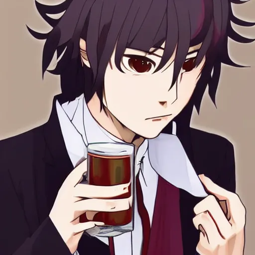 Image similar to Dazai from Bungou Stray Dogs drinking mate