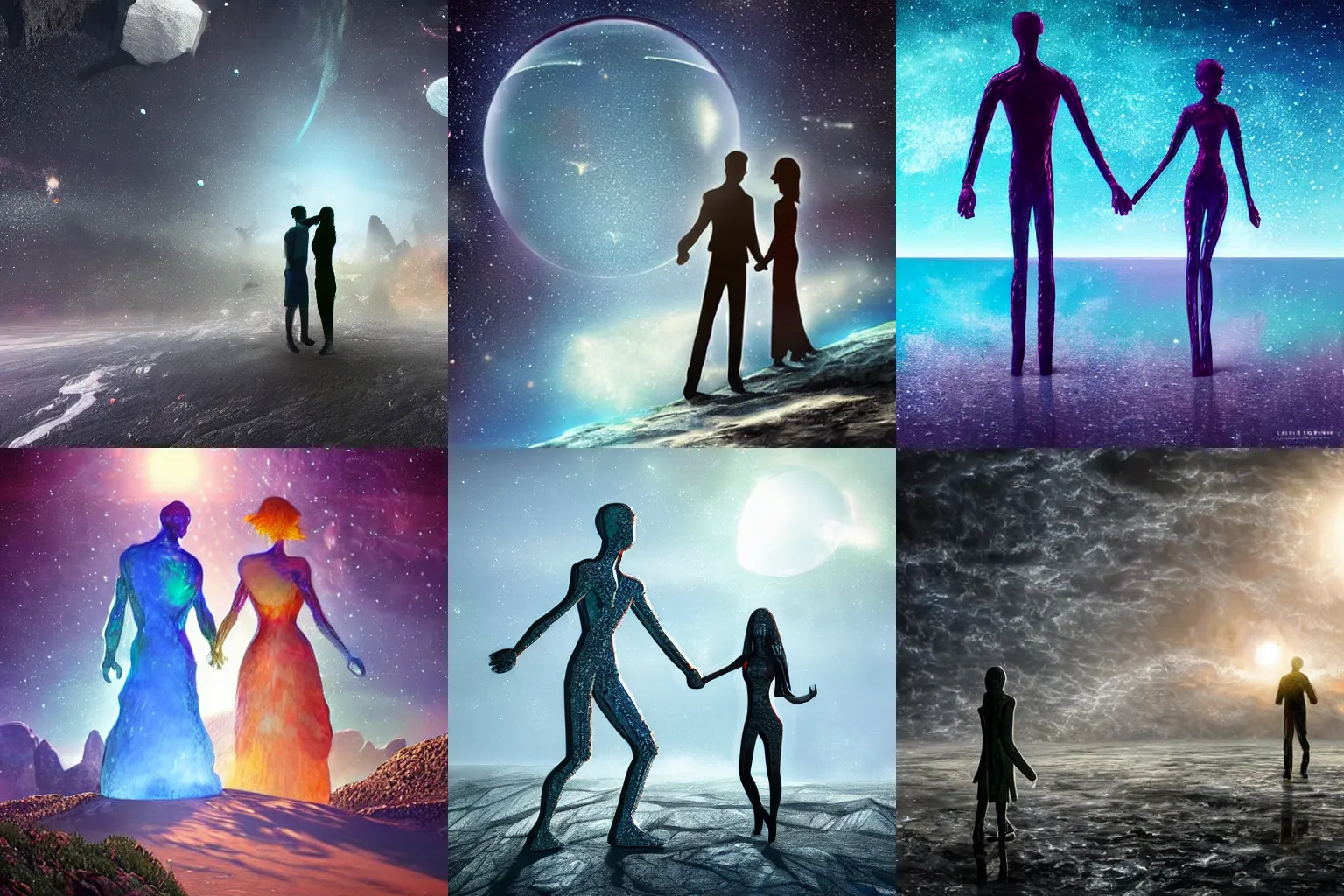 Prompt: A man and a woman made of crystalline glass, holding hands, in front of an alien landscape. fantasy art