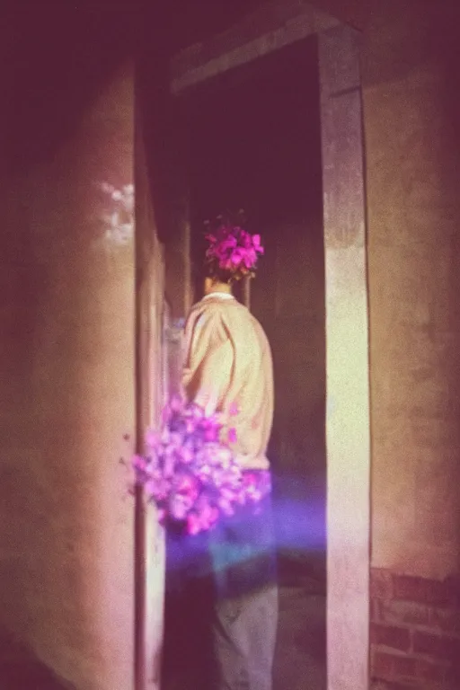 Image similar to kodak portra 4 0 0 photograph of a skinny guy looking into a otherworldly portal, flower crown, back view, vaporwave colors, grain, moody lighting, moody aesthetic,