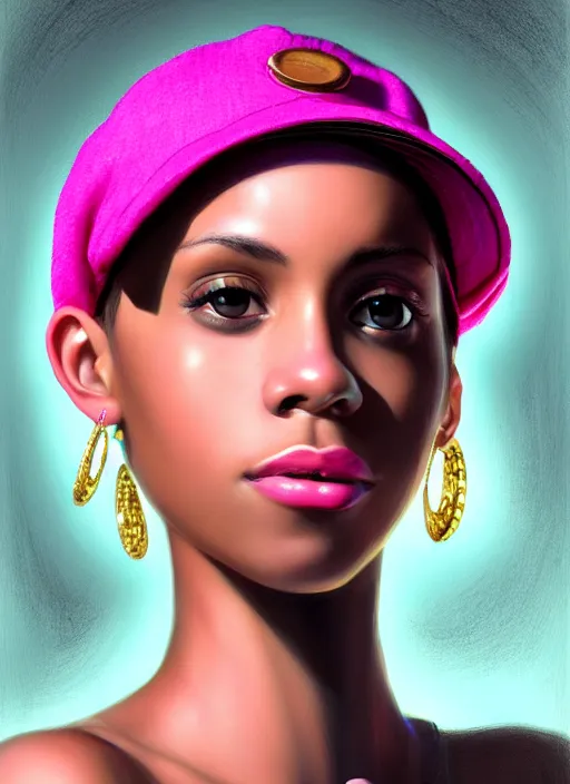 Image similar to portrait of teenage vanessa morgan with bright pink hair, black girl, vanessa morgan, curly pixie cut hair, wearing newsboy cap, newsboy cap, hoop earrings, intricate, elegant, glowing lights, highly detailed, digital painting, artstation, concept art, smooth, sharp focus, illustration, art by wlop, mars ravelo and greg rutkowski