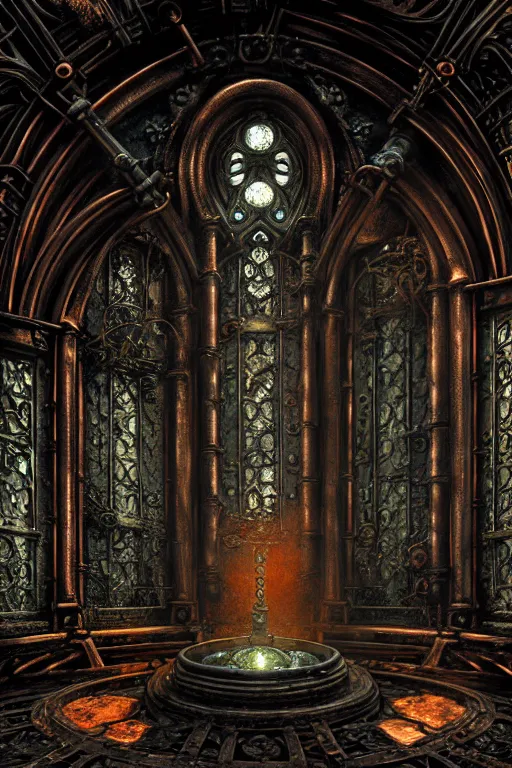 Image similar to steam necropolis, memento mori, gothic, neo - gothic, art nouveau, hyperdetailed copper patina medieval icon, stefan morrell, philippe druillet, ralph mcquarrie, concept art, steampunk, unreal engine, detailed intricate environment, octane render, moody atmospherics, volumetric lighting, ultrasharp, ominous, otherworldly