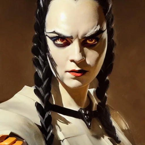 Image similar to greg manchess portrait painting of partially armored wednesday from addams family as overwatch character, medium shot, asymmetrical, profile picture, organic painting, sunny day, matte painting, bold shapes, hard edges, street art, trending on artstation, by huang guangjian and gil elvgren and greg rutkowski