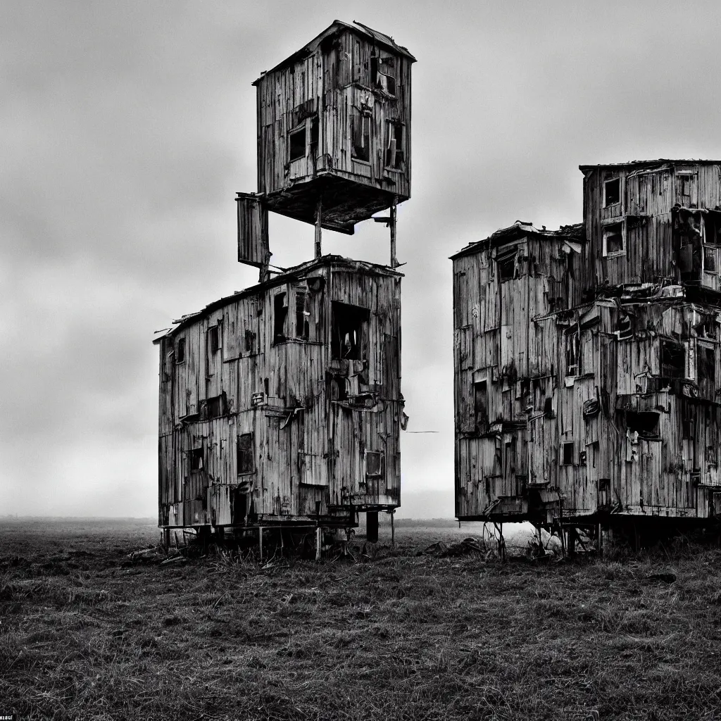 Prompt: high towers, made up of colourful makeshift squatter shacks, bleached, misty, moody sky at the back, dystopia, mamiya, f 1 1, fully frontal view, very detailed, ultra sharp, photographed by trent parke