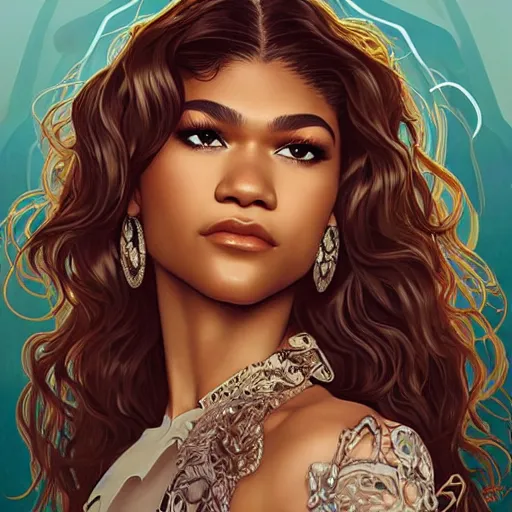 Image similar to A full portrait of Zendaya, intricate, elegant, highly detailed, digital painting, artstation, concept art, smooth, sharp focus, illustration, art by bouguerea and alphonse mucha