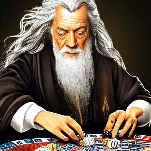 Prompt: gandalf playing poker, casino highly detailed, digital art,