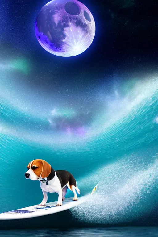 Image similar to beagle dog surfing a surfboard on a sparkly crashing wave of stardust in space, background is a moon in nebula, octane render, unreal engine, wide view, 8 k, highdetaild