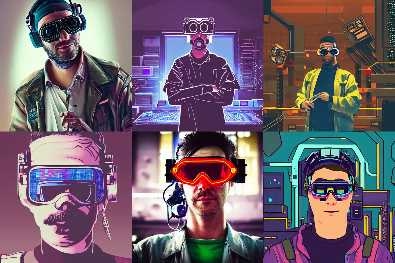 Prompt: a highly detailed digital art portrait of a cyberpunk engineer wearing goggles in a workshop, synthwave