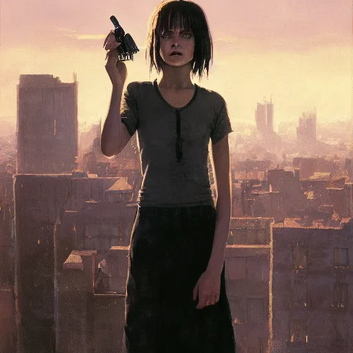 Image similar to closeup portrait of matilda from the movie leon the professional, city background, dramatic light, gorgeous view, depth, high detail, digital art, painted by greg rutkowski and seb mckinnon, by tim burton, trending on artstation