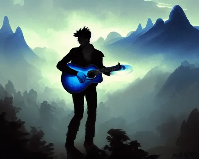 Image similar to A silhouette figure of a man with a guitar heavy mist, clouds that look like mountains deep blue dark, bright sunshine sun, deep focus, D&D, fantasy, intricate, elegant, highly detailed, digital painting, artstation, concept art, matte, sharp focus, illustration, hearthstone, art by Artgerm and Greg Rutkowski and Alphonse Mucha