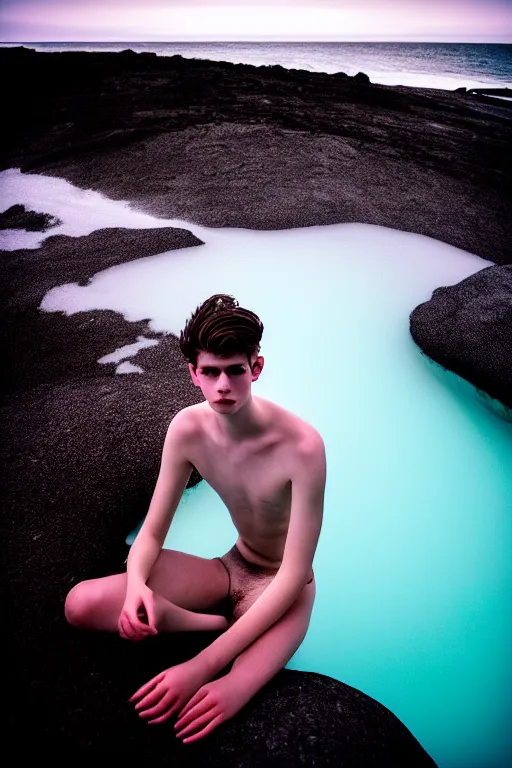 Image similar to high quality pastel coloured film mid angle docu photograph of a beautiful young 2 0 year old male, soft features, short black hair, swimming, submerging in an icelandic black rock pool environment. atmospheric. three point light. photographic. art directed. ( pastel colours ). volumetric light. clearcoat. waves glitch. 8 k. filmic.