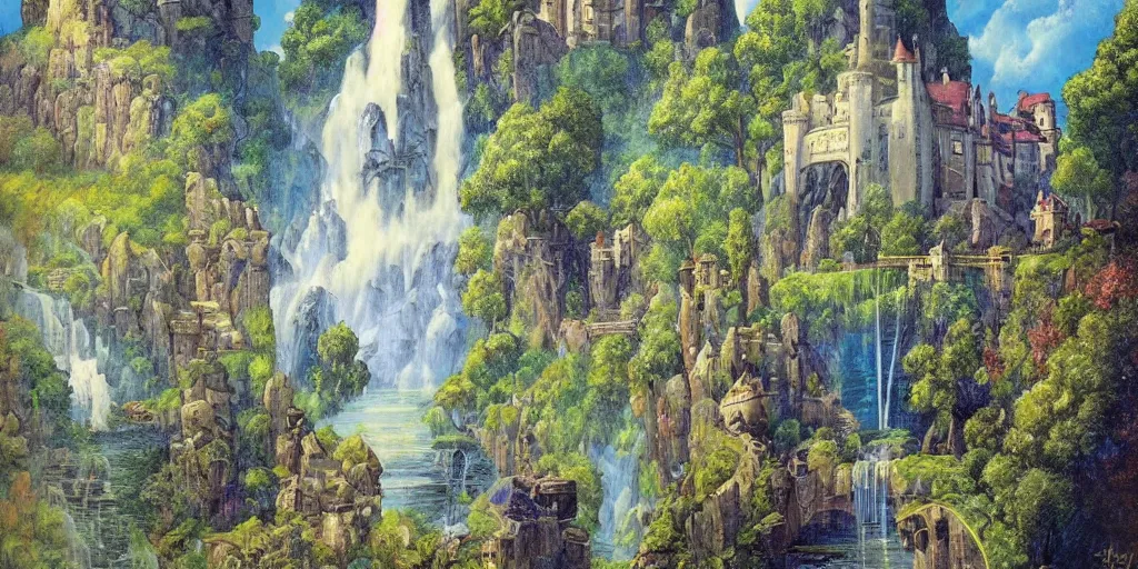 Prompt: a castle in the sky,painting,art nouveau,moat into waterfall