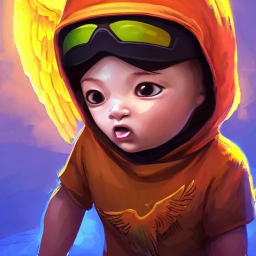 Image similar to baby Angel, baby cherub,wearing angel halo, ski mask, balaclava, face covered, wearing angel halo covered face, orange hoodie, hip hop, multiple golden necklaces, fantasy art apex fortnite Video game icon, 2d game art gta5 cover , official fanart behance hd artstation by Jesper Ejsing, by RHADS, Makoto Shinkai and Lois van baarle, ilya kuvshinov, rossdraws