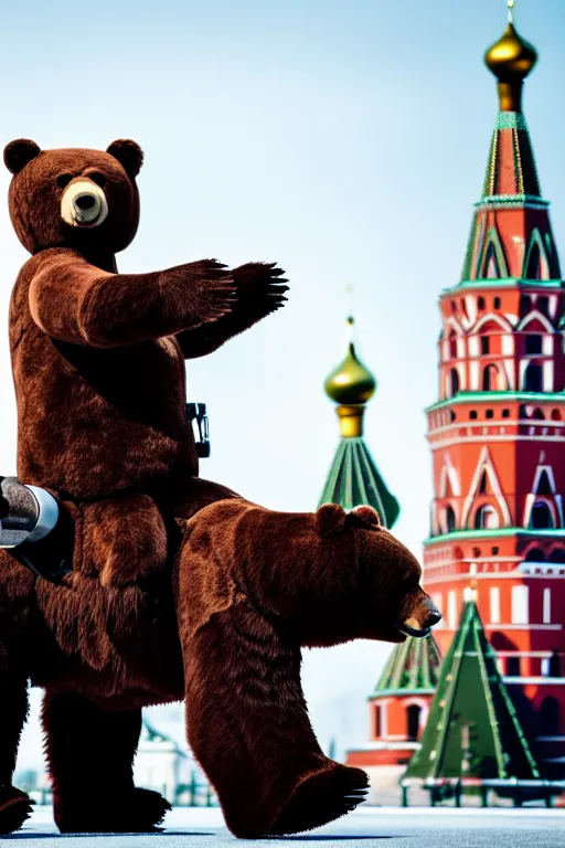 Prompt: a picture of putin ride robotic bear in moscow. - photorealistic, pullitzer winning, taken with canon eos 5 d mark iv, versatile, lens interoperability, autofocus, 4 k uhd video capture at 3 0 fps, 8 k time - lapse functions, by karah mew, jodie bateman