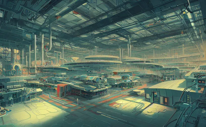 Image similar to Interior shot of a futuristic factory by Petros Afshar and Beeple, James Gilleard, Mark Ryden, Wolfgang Lettl highly detailed