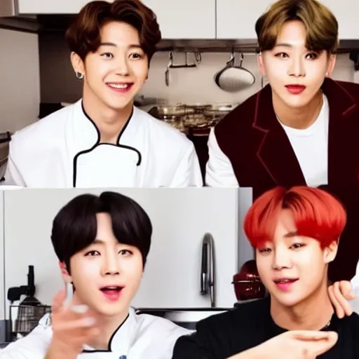 Image similar to BTS k-pop stars cooking show in 4k in gourmet kitchen with great lighting with Emma Watson as guest host