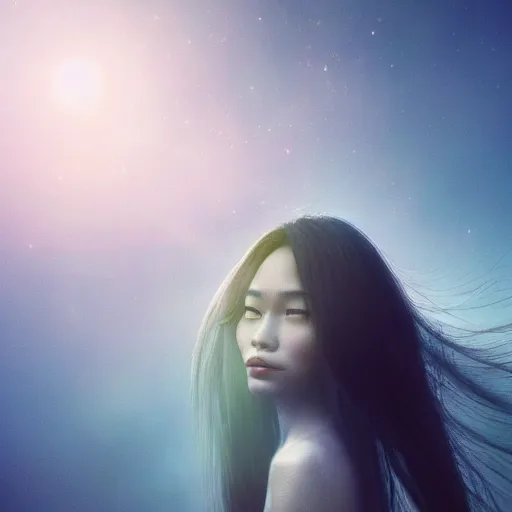 Image similar to a thin, pretty young Filipino woman with long hair floats dramatically in the air in a dreamy world in the distance, her face is shaded, very beautiful, inspiring, dramatic lighting, abstract digital art, trending on artstation