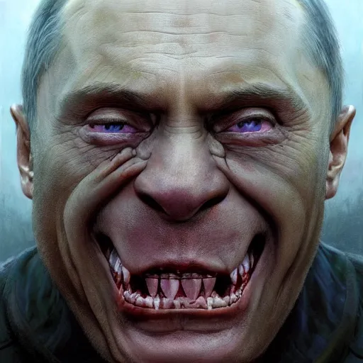 Image similar to vladimir putin, vladimir putin is arcanum muck evil eye ogre, toothless mutant, horror, macabre by donato giancola and greg rutkowski and wayne barlow and zdzisław beksinski, realistic face, digital art